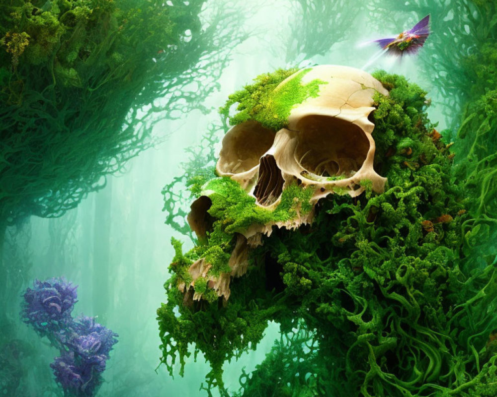 Vibrant green moss, large overgrown skull, purple bird in misty forest scene