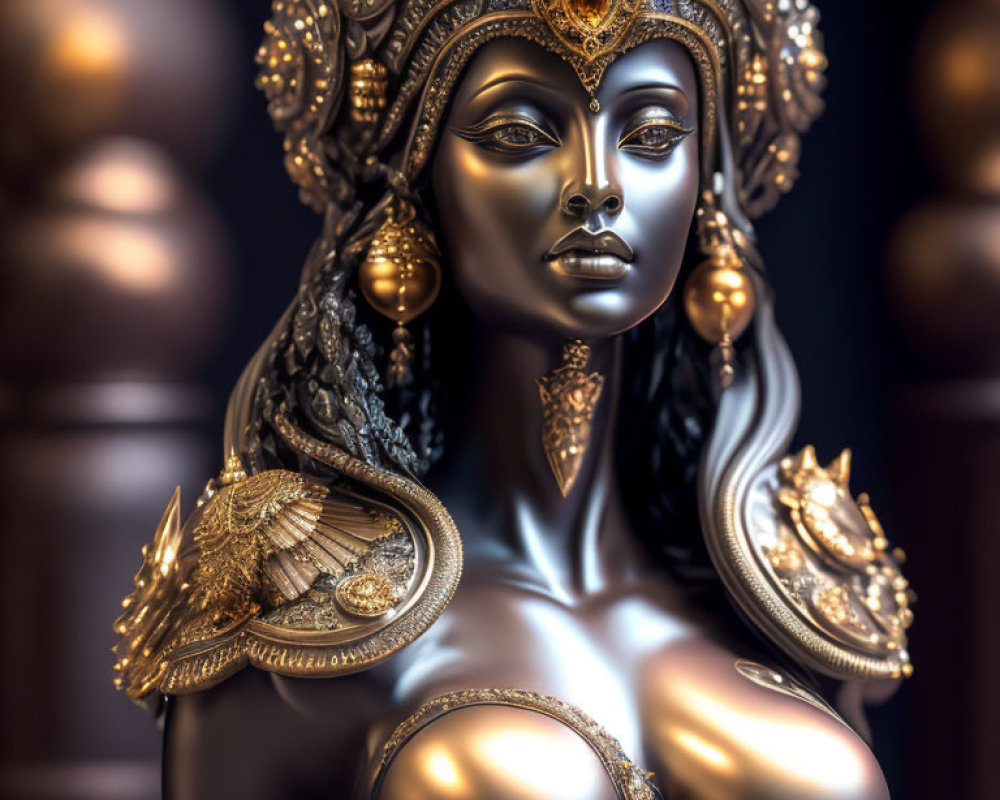 Intricate metallic sculpture of regal woman with jewelry and headdress on dark background