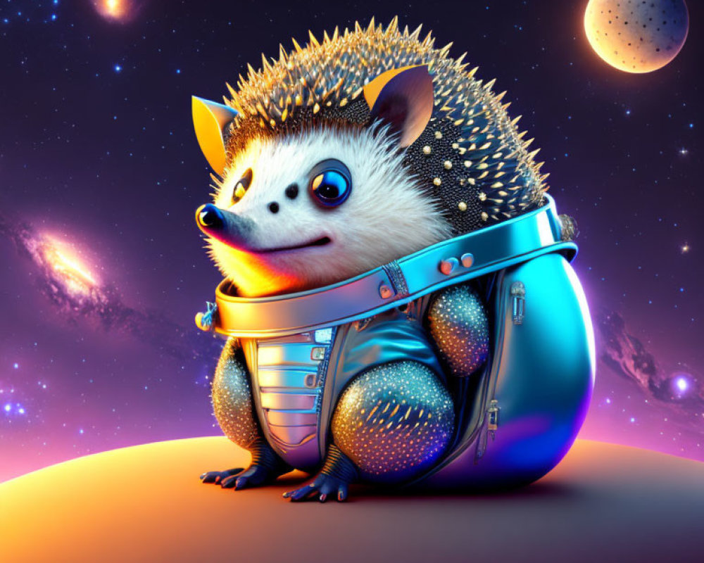 Whimsical hedgehog astronaut in futuristic space suit against starry background