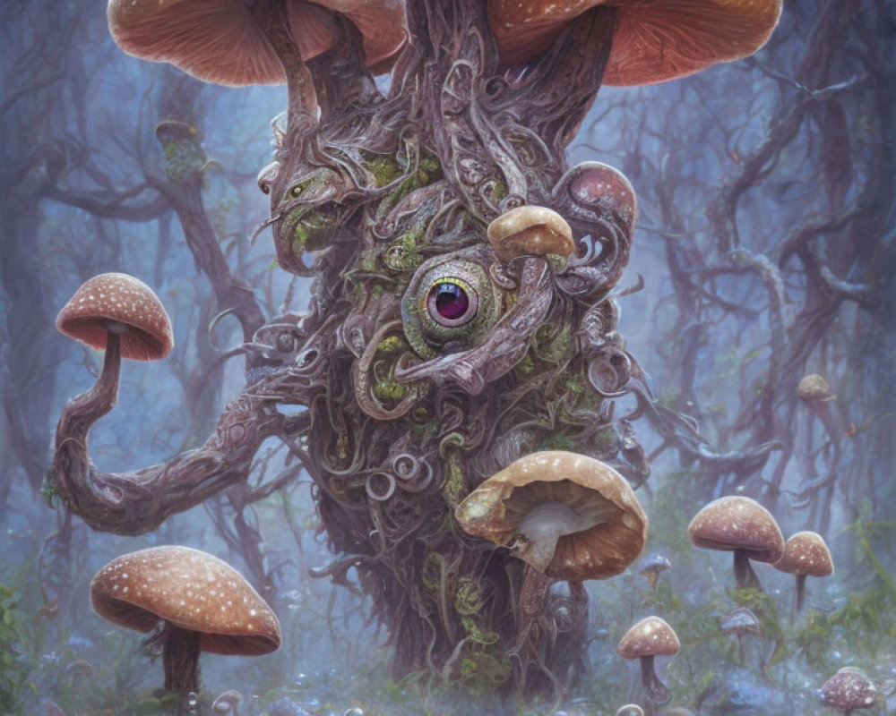 Fantastical tree with large mushroom canopy and vibrant eye in misty forest