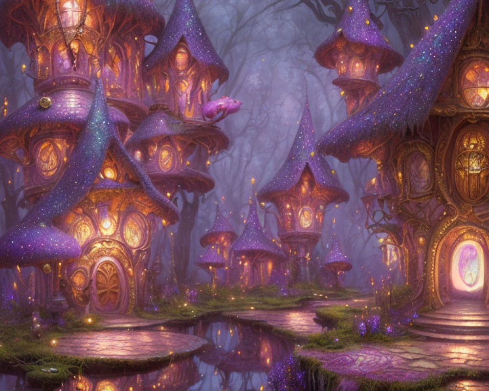 Twilight scene of whimsical fairy village with glowing mushroom houses in misty forest