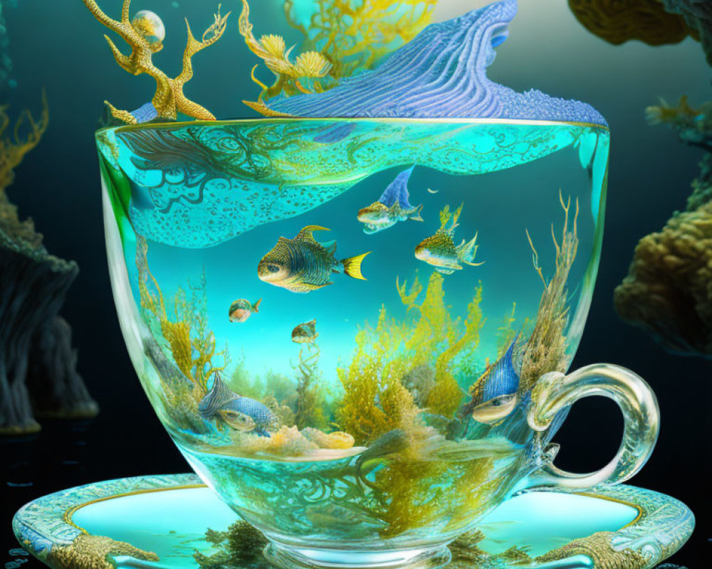 Fantastical teacup with underwater scene and whimsical creatures