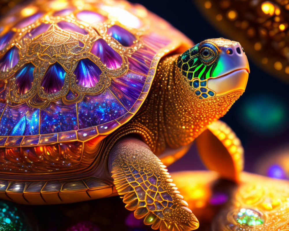Colorful Fantastical Turtle with Ornate Cosmic Shell on Bokeh Background