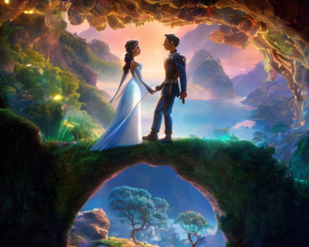 Couple on Natural Bridge in Enchanting Cave with Mystical Forest View
