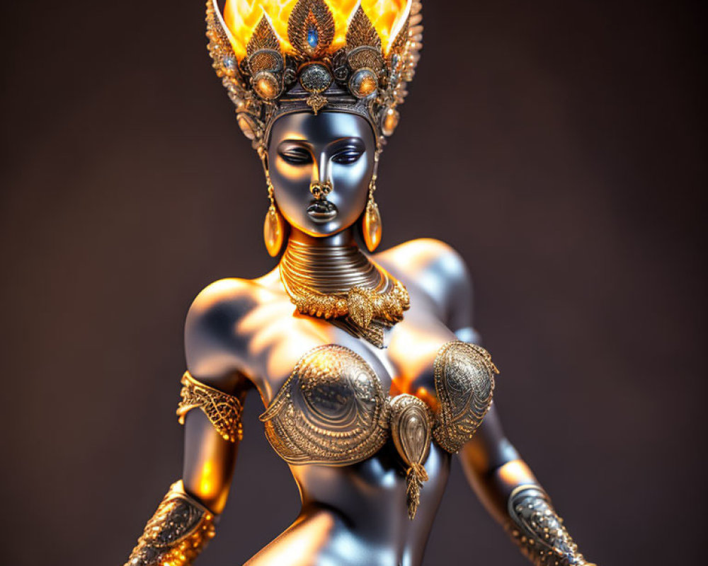 Golden female figure with flaming crown and ornate jewelry on dark background