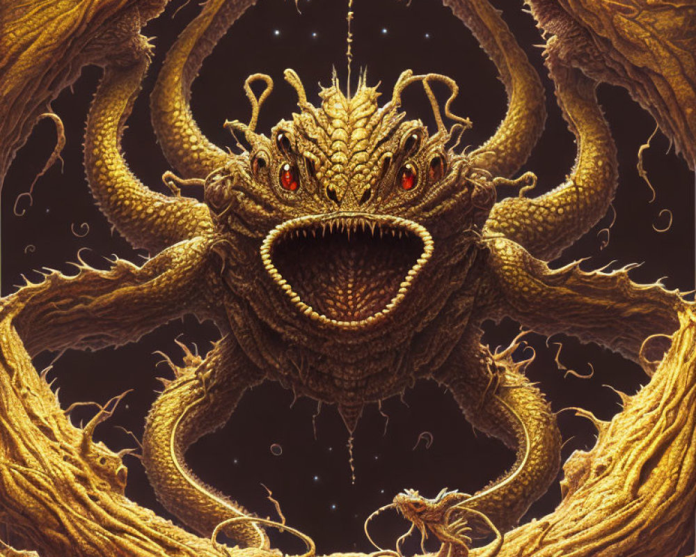Detailed multi-eyed tentacled creature in golden cosmic swirls