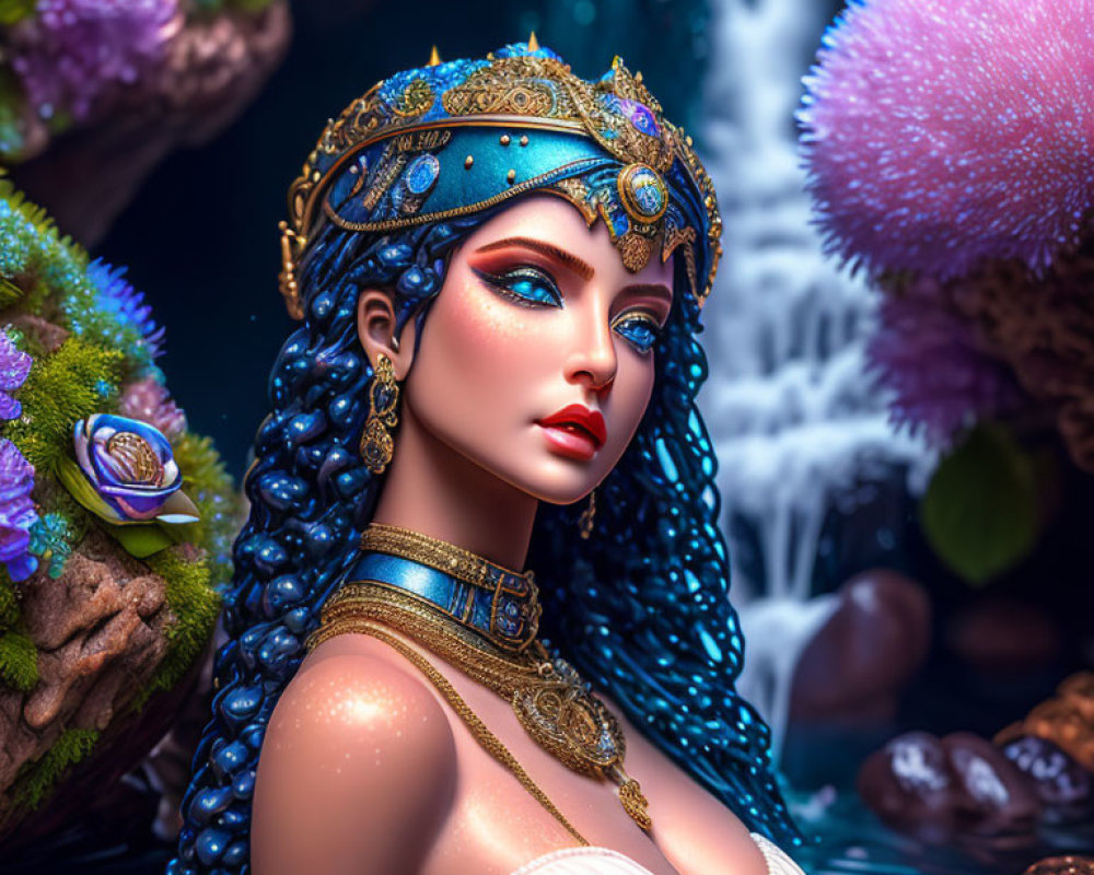 Blue-haired fantasy figure with golden crown in lush setting.