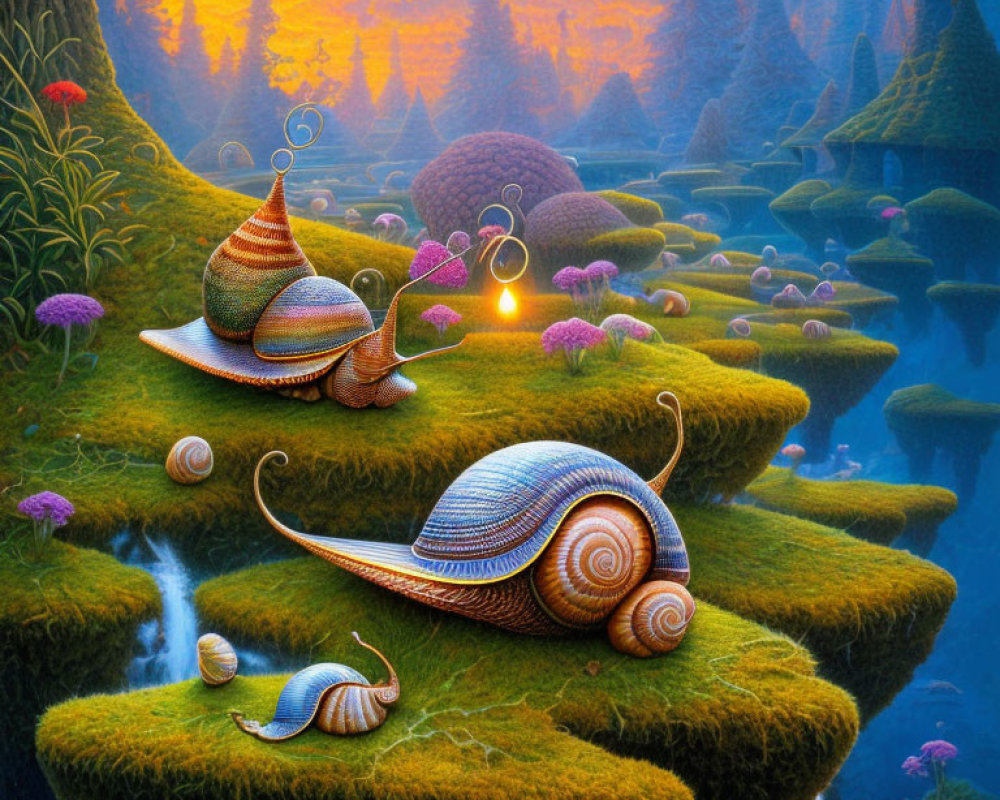 Colorful snails on mossy terrain at vibrant sunset with fantasy landscape