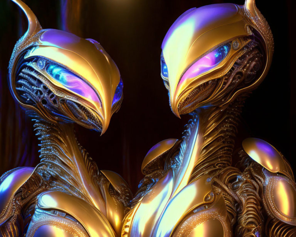 Detailed Metallic Alien Creatures with Glowing Eyes and Body Armor on Moody Background