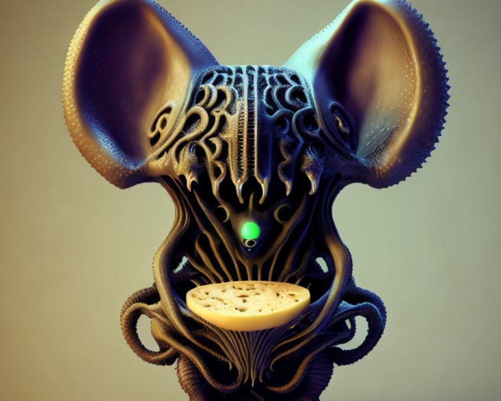 Surreal digital artwork: stylized creature with large ears and glowing green eye