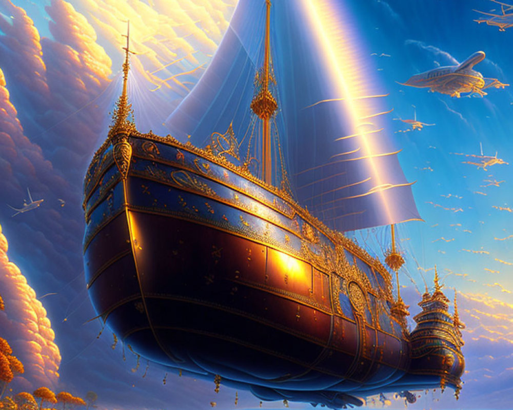 Majestic golden-hued ships sailing on serene ocean under dramatic sky