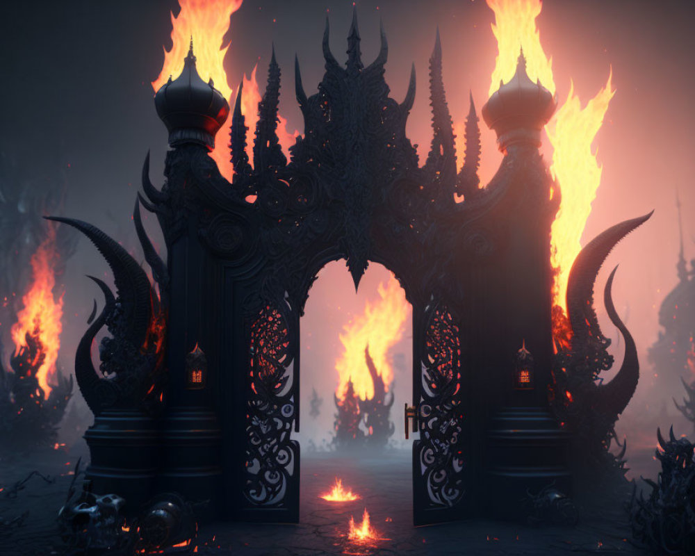 Intricate Gothic gate with flaming torches in dark realm
