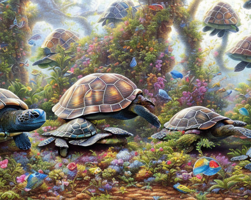 Colorful underwater painting with turtles, coral, and fish