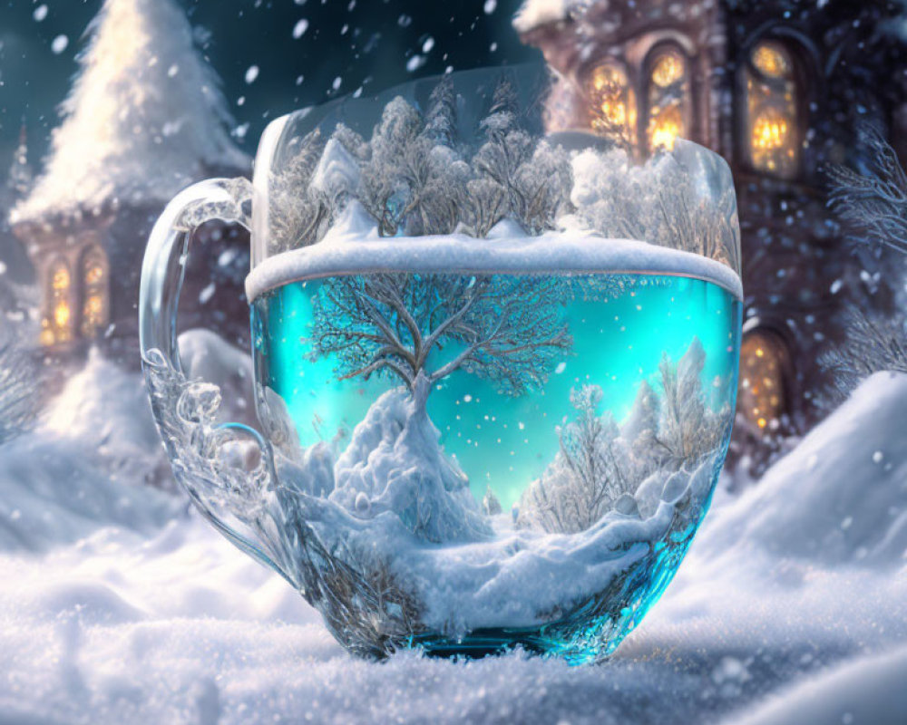Detailed Winter Landscape in Transparent Teacup