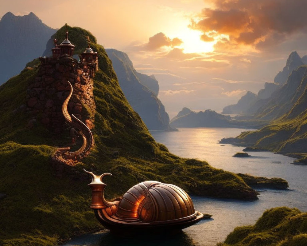 Fantastical snail-shaped houseboat near a spiraled tower on verdant coastline at sunset