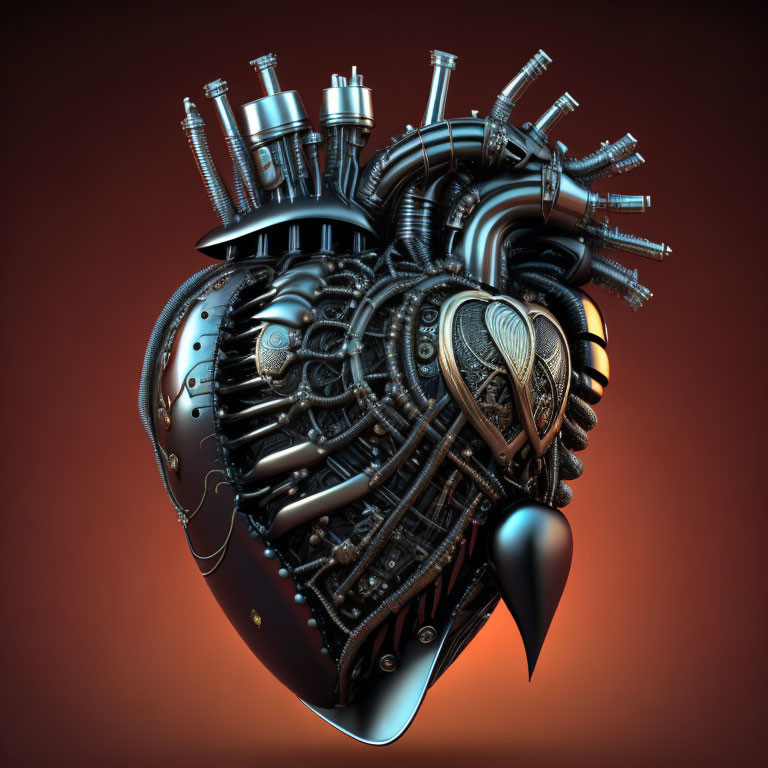 Steampunk-style mechanical heart with gears and pipes on warm reddish background