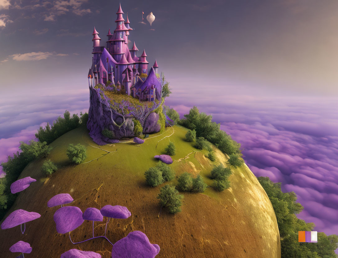 Whimsical pink spired castle on verdant hill with purple clouds, violet trees, and soaring