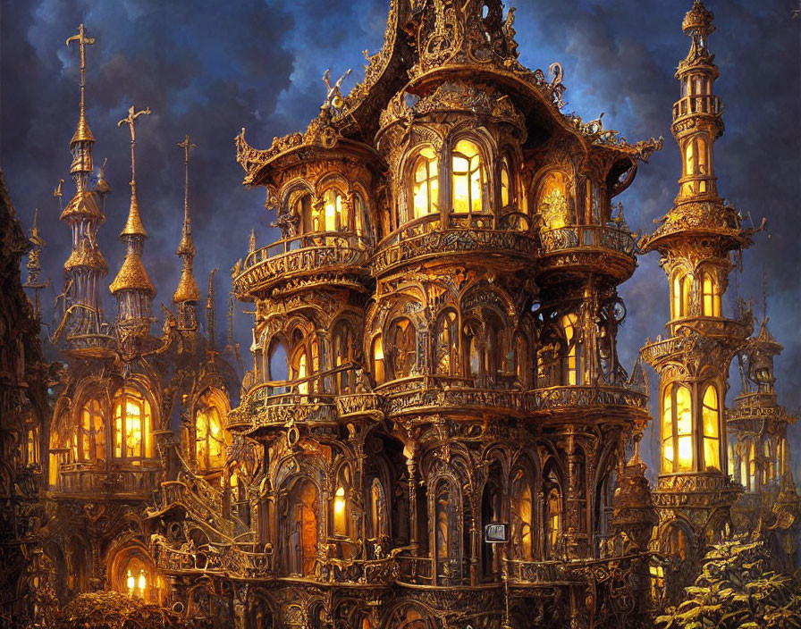 Detailed Fantasy Castle with Ornate Spires in Twilight Sky