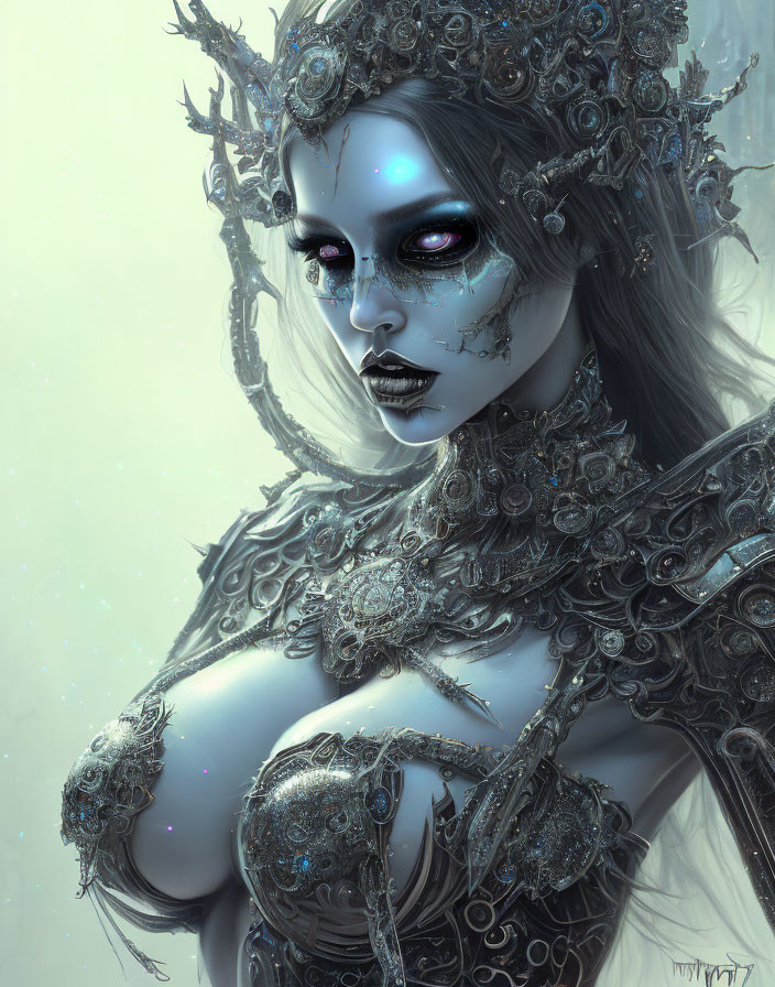 Digital artwork: Mystical female figure with metallic headgear and armor, intricate designs, pale complexion,