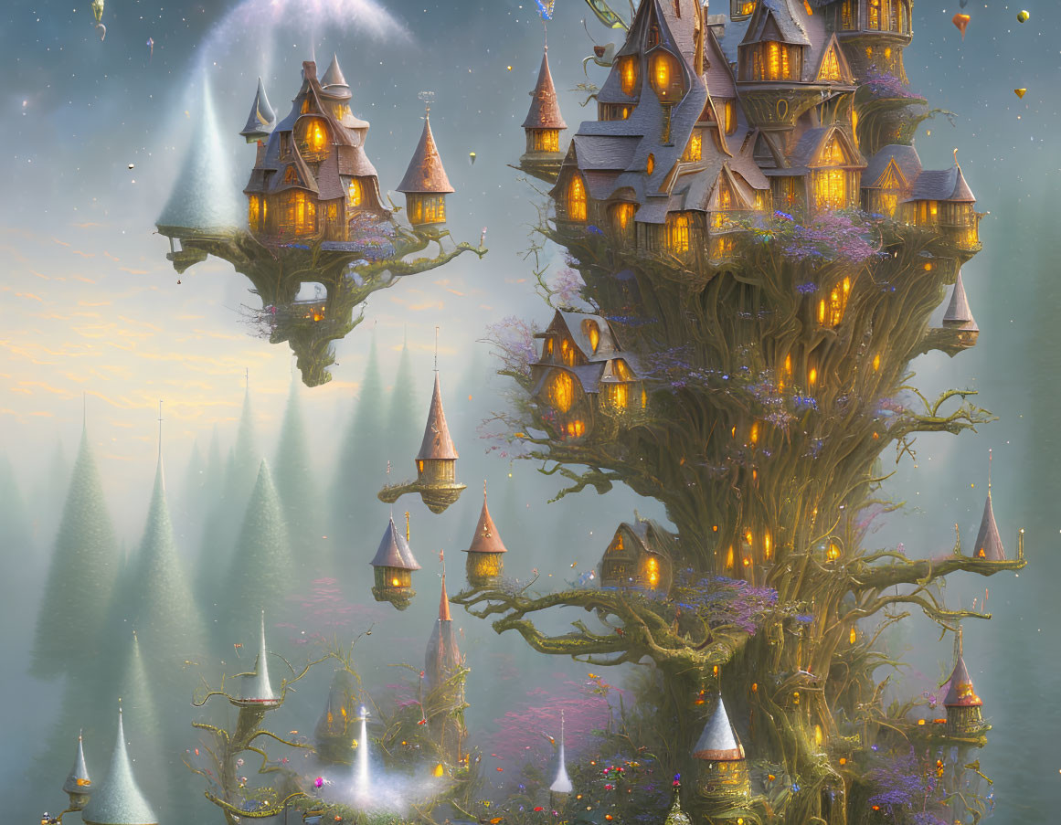 Fantasy tree with towering houses, glowing lights, floating islands in twilight sky