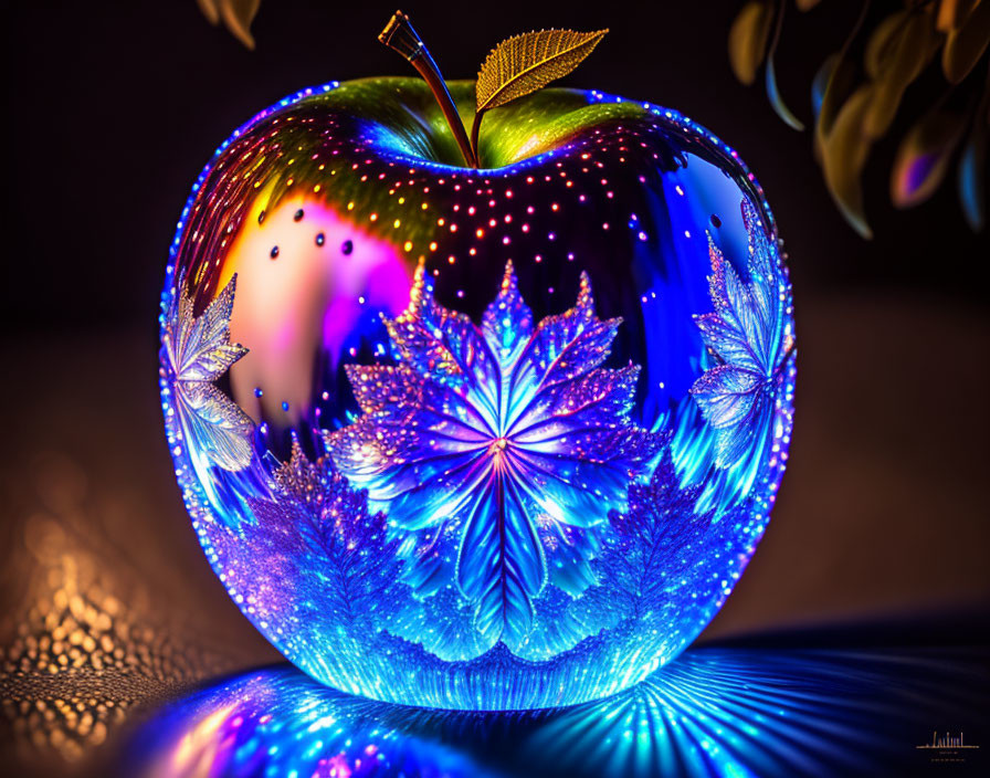 Vivid blue illuminated apple with intricate leaf and petal patterns