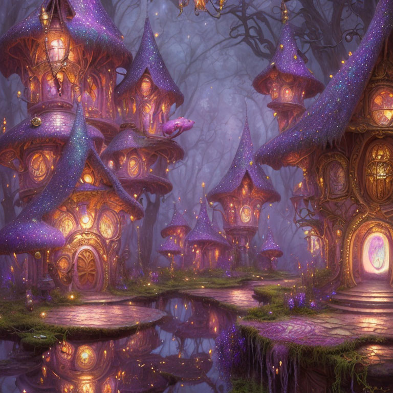 Twilight scene of whimsical fairy village with glowing mushroom houses in misty forest