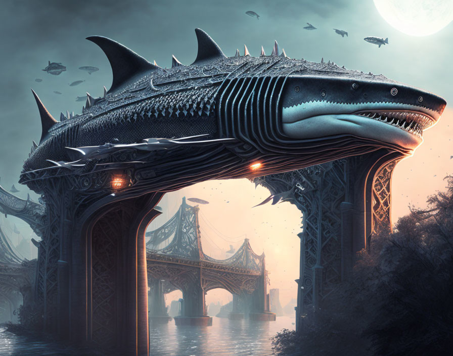 Whale-like creature with architecture above ornate bridge