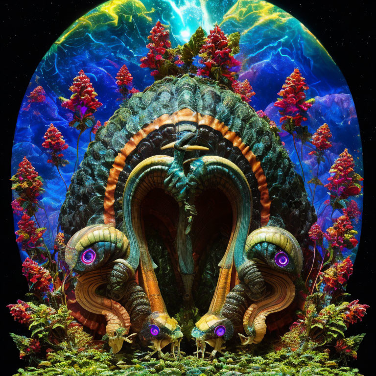Symmetrical creature with multiple eyes under oversized moon surrounded by vibrant flora