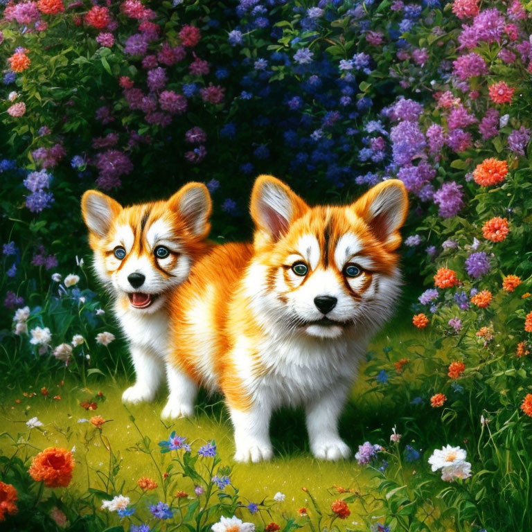 Whimsical fox-like puppies with blue eyes in colorful garden