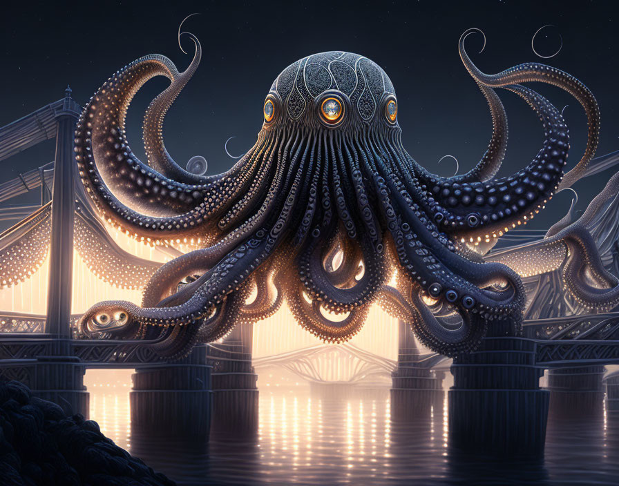 Giant Octopus Artwork with Glowing Eyes and Intricate Skin Patterns