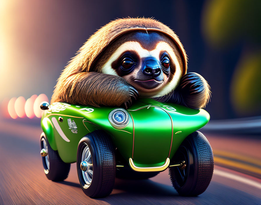 Expressive-eyed cartoon sloth driving green car in motion.