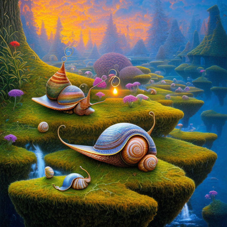 Colorful snails on mossy terrain at vibrant sunset with fantasy landscape