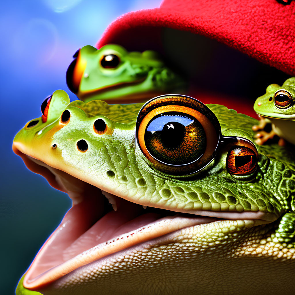 Colorful Frogs with Large Eyes on Blurred Background