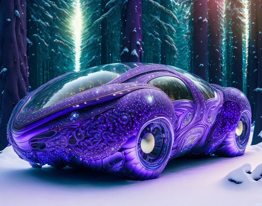 Futuristic Purple Car with Intricate Designs in Snowy Forest at Twilight