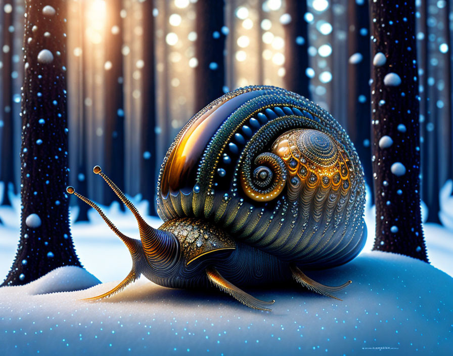 Stylized snail in enchanted snowy forest with glowing trees