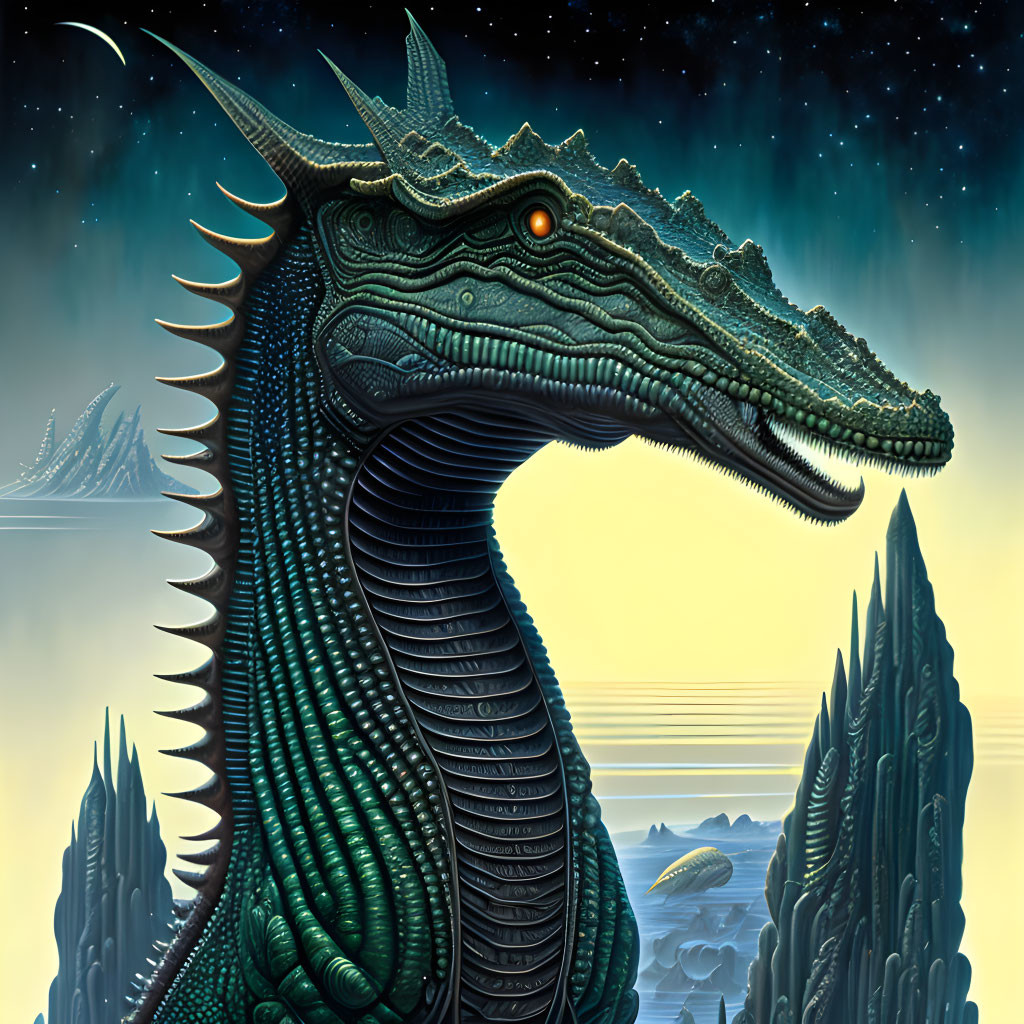 Majestic green dragon illustration on starry night backdrop