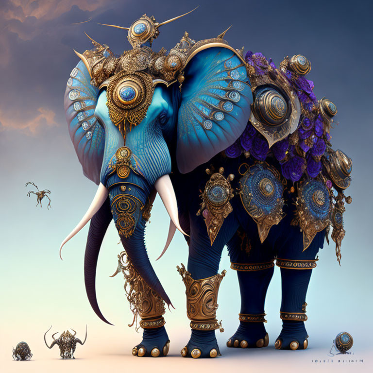 Surreal elephant with gold armor and blue skin on gradient background