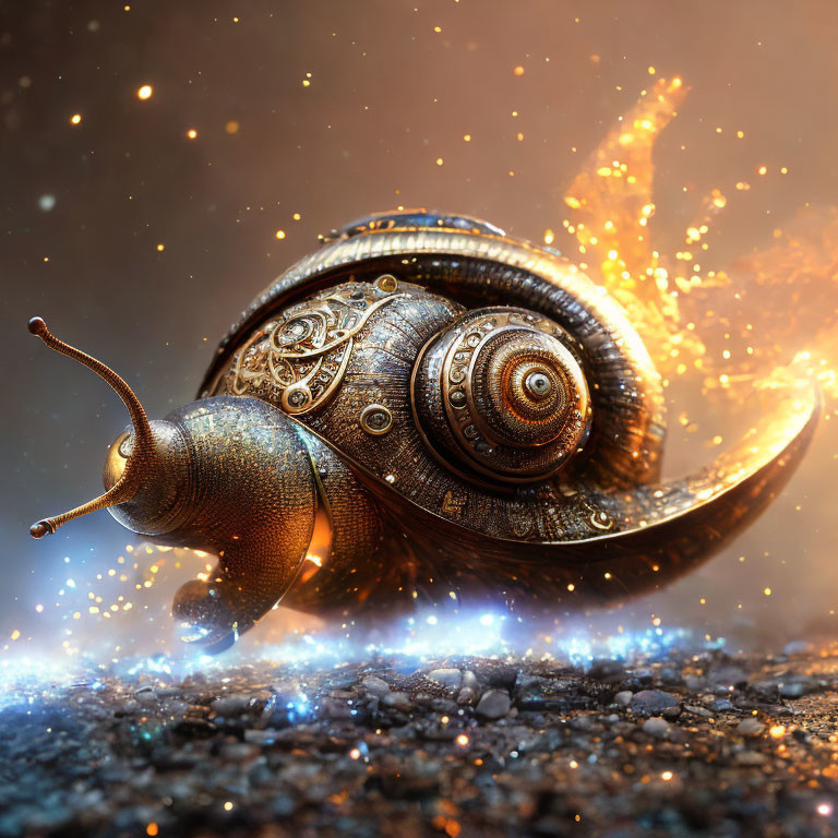 Fantasy snail with steampunk shell and warm light backdrop