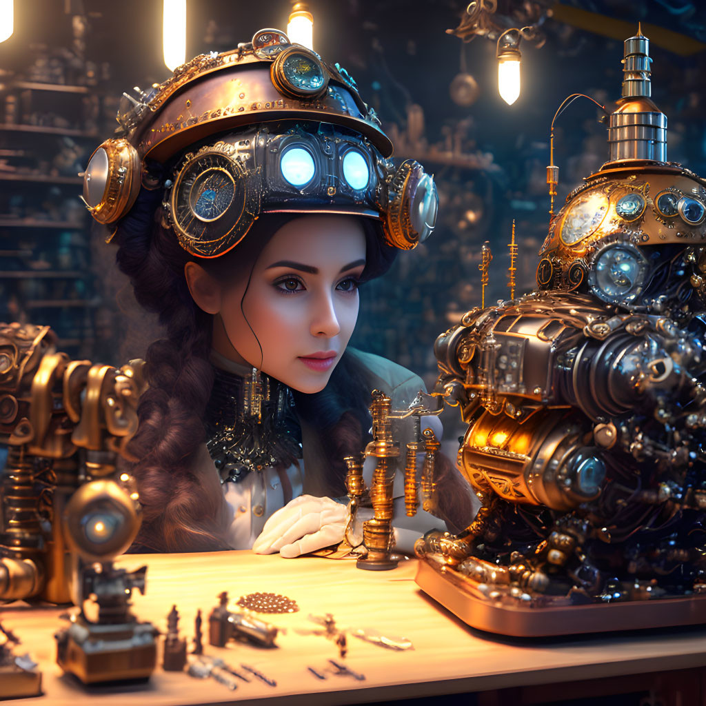 Detailed Steampunk Helmet Woman with Mechanical Device in Workshop