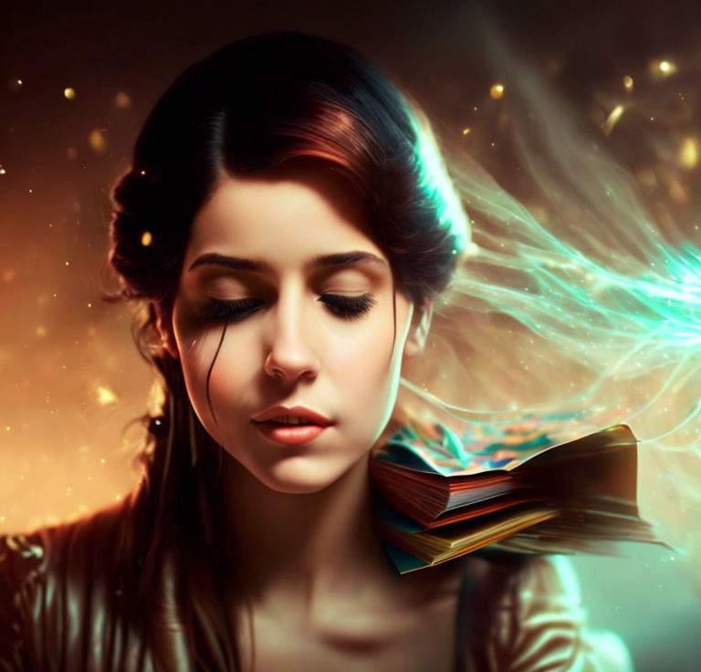 Woman with closed eyes and glowing book in mystical aura