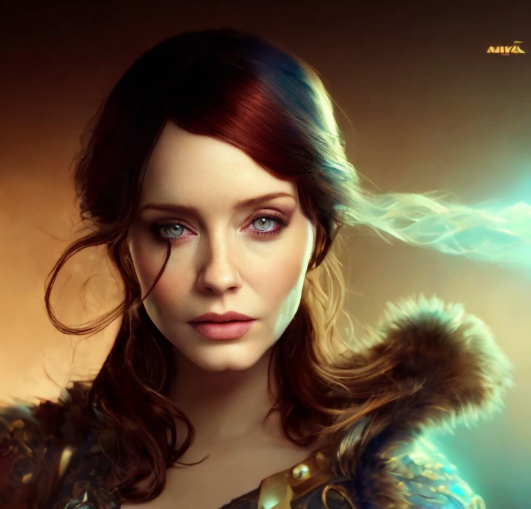 Digital portrait of a woman with blue eyes and flowing hair in ethereal light against warm background
