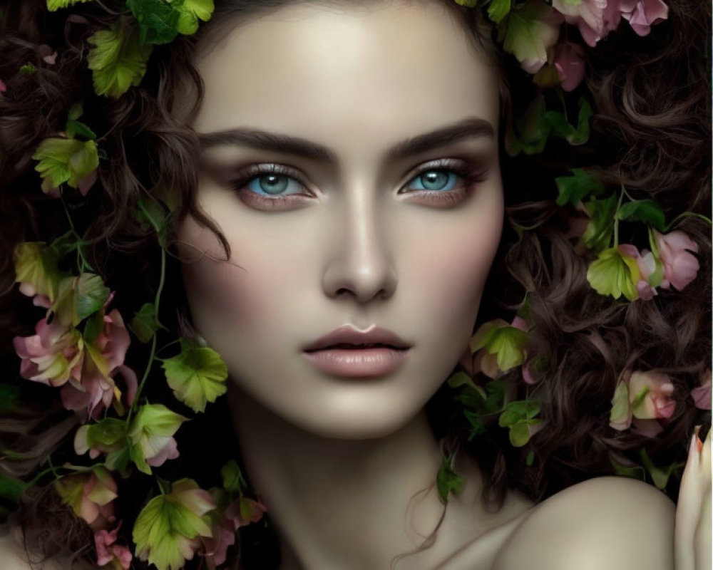 Woman with Intense Blue Eyes Surrounded by Green Leaves and Pink Flowers