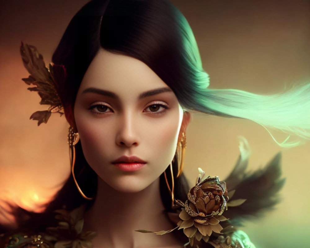 Digital Artwork: Woman with Teal Hair and Golden Floral Accessories