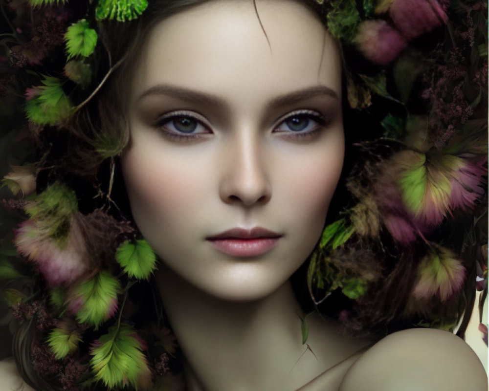 Portrait of woman with striking blue eyes in colorful moss and flowers.