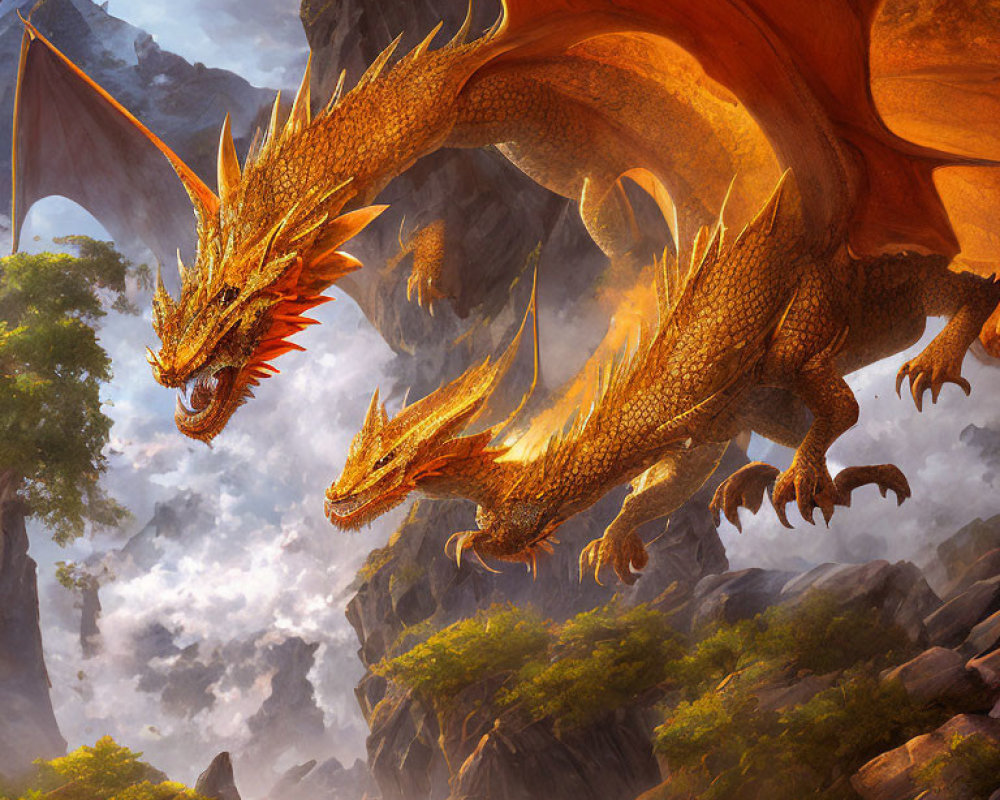 Orange Dragon Flying Over Misty Landscape with Rocks and Greenery