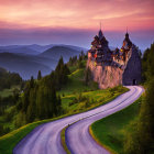 Majestic castle on lush hill, winding road, layered mountains, purple sunset