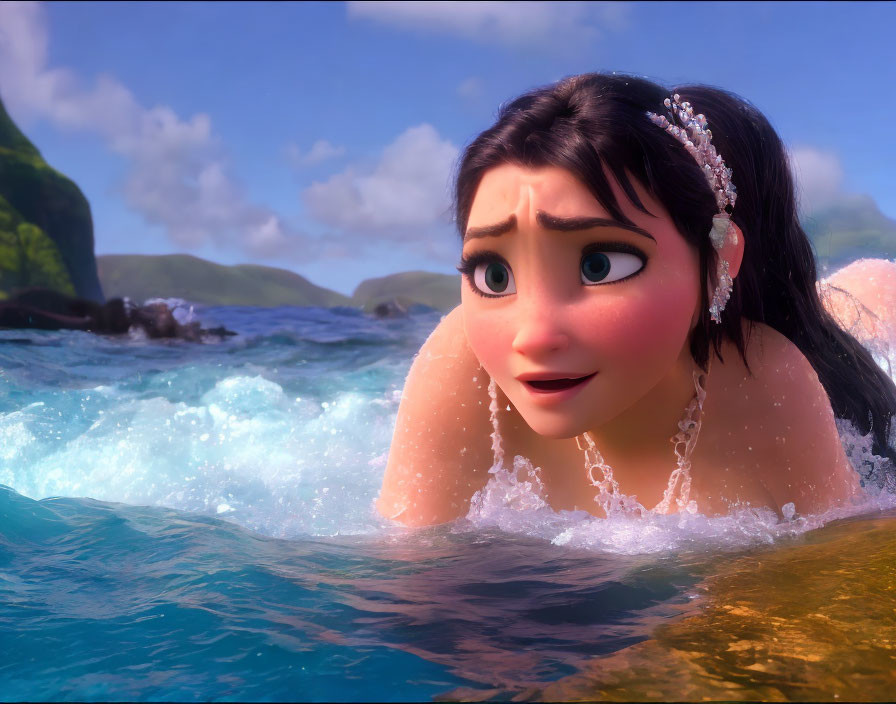 Dark-Haired Animated Character with Jeweled Headpiece in Ocean Scene