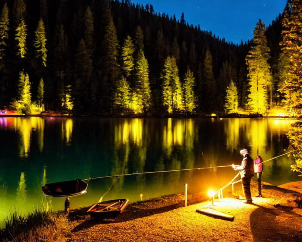 Nighttime fishing scene by calm lake with illuminated trees and starry sky