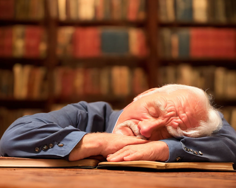 Elderly man with white hair and beard asleep at wooden table