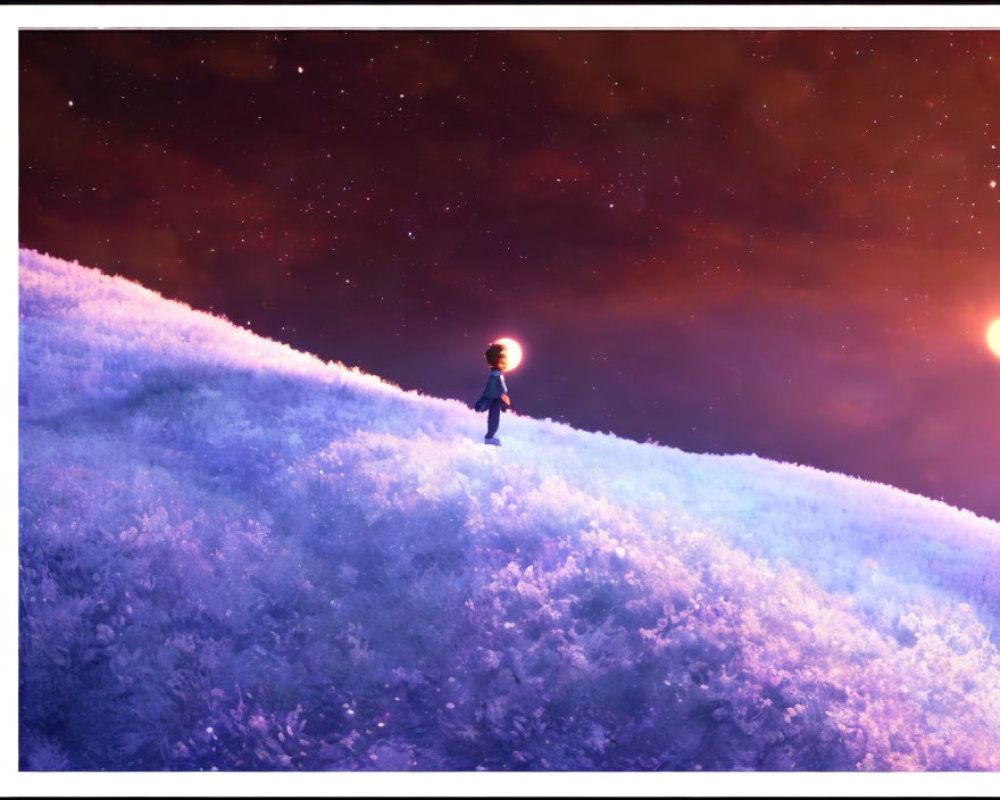 Solitary Figure on Snowy Hill Under Starry Sky Holding Bright Light